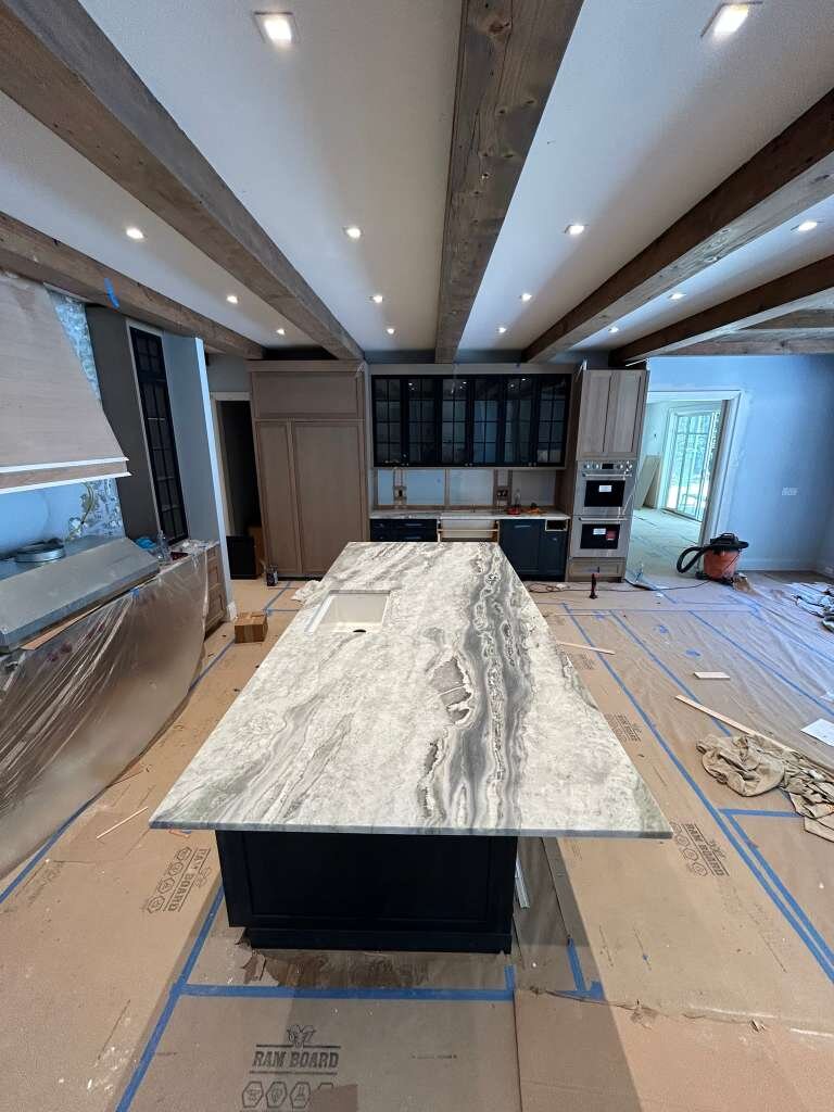 Navy and white transitional kitchen island install