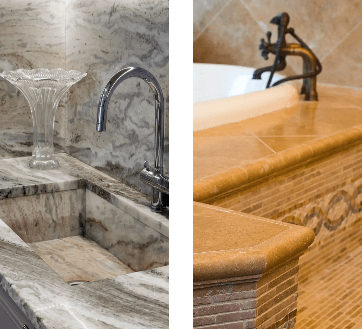 Side-by-side view of two bathroom sinks: a marble integrated sink with chrome faucet and a tiled countertop with vessel sink and dark faucet.
