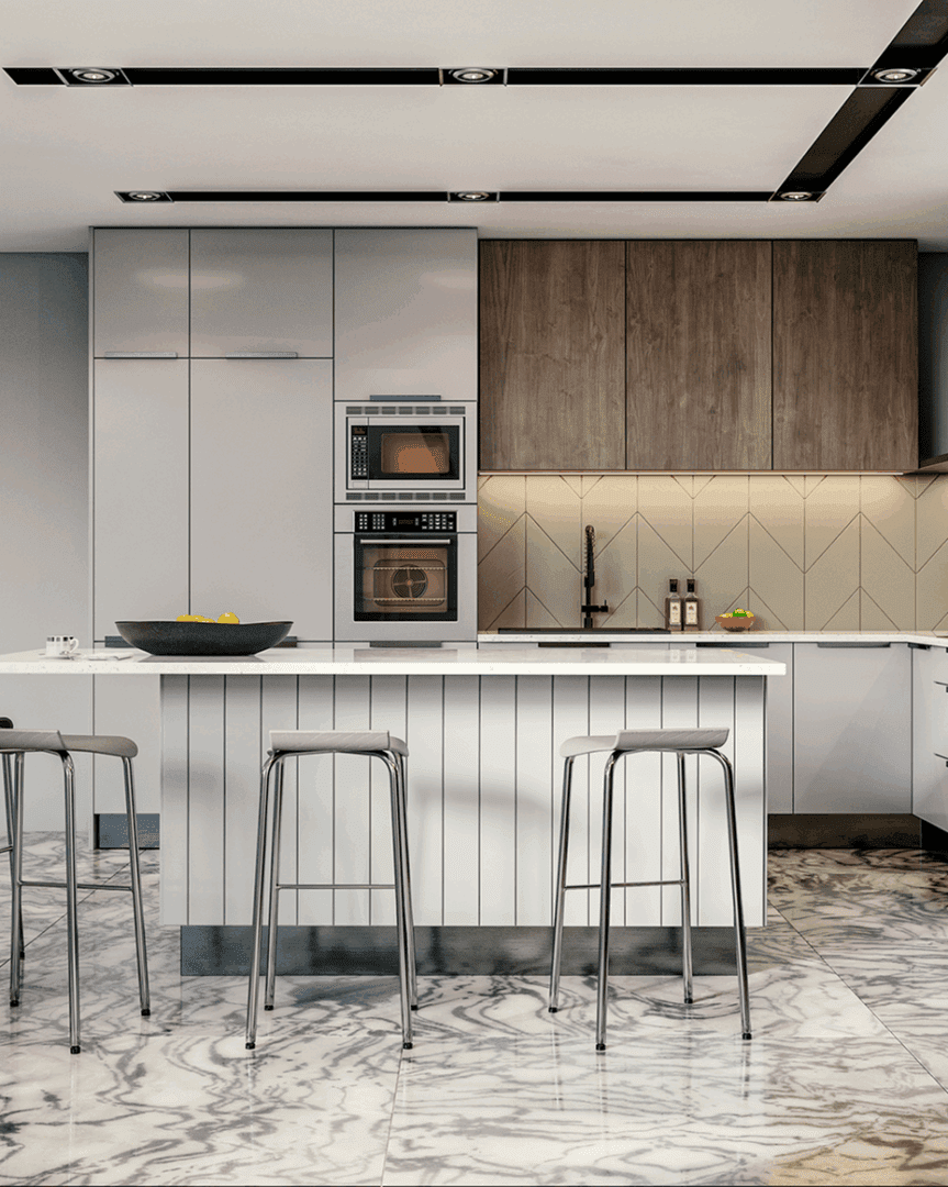 Modern kitchen with marble flooring