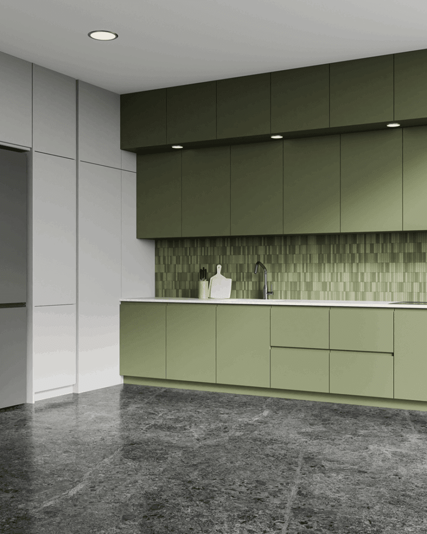 Minimalist kitchen featuring olive cabinetry