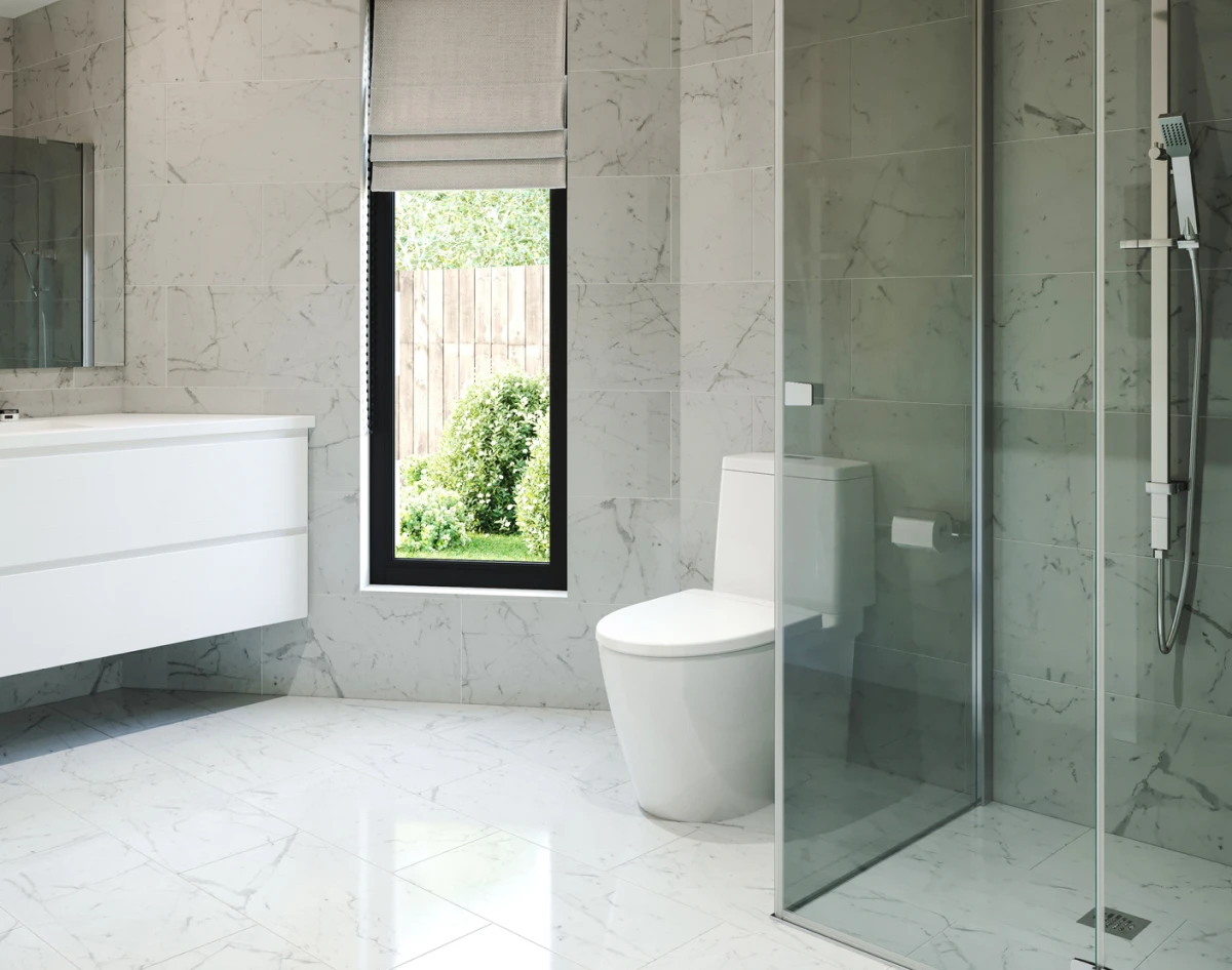 Bright bathroom with large window