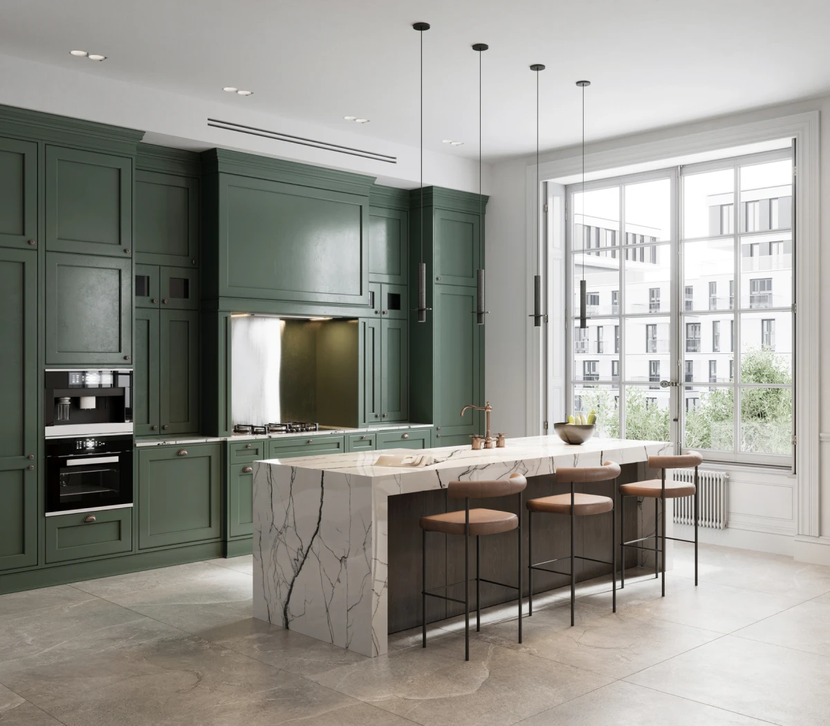 Marble island in spacious kitchen