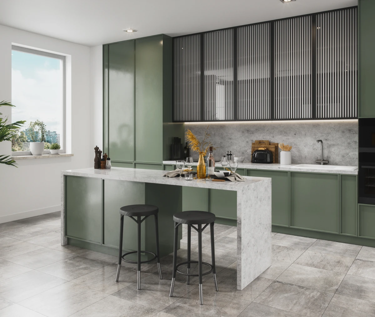 Contemporary kitchen design with stools