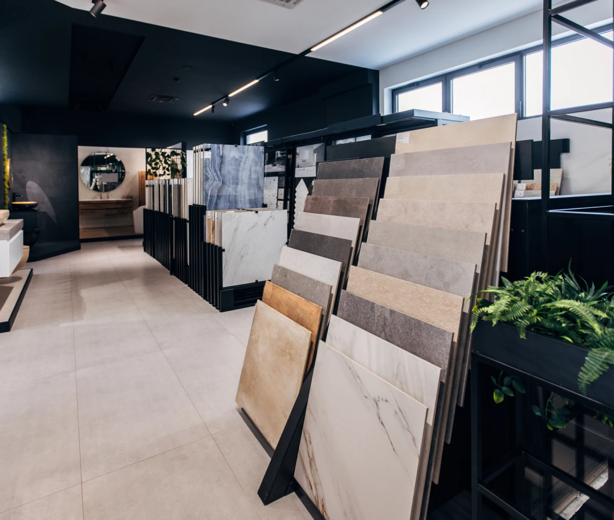 Modern tile store interior with samples
