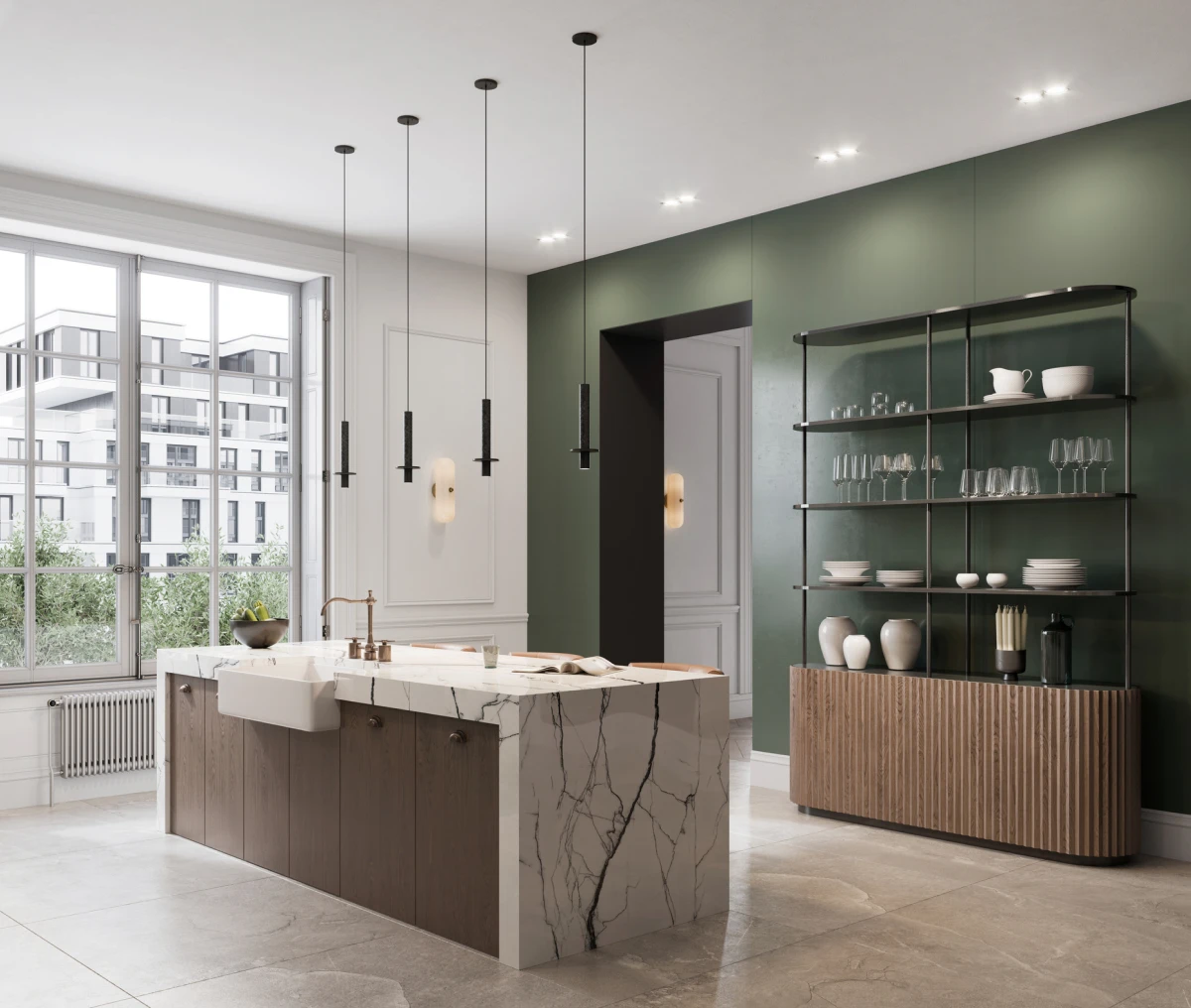 Contemporary kitchen design with open shelving